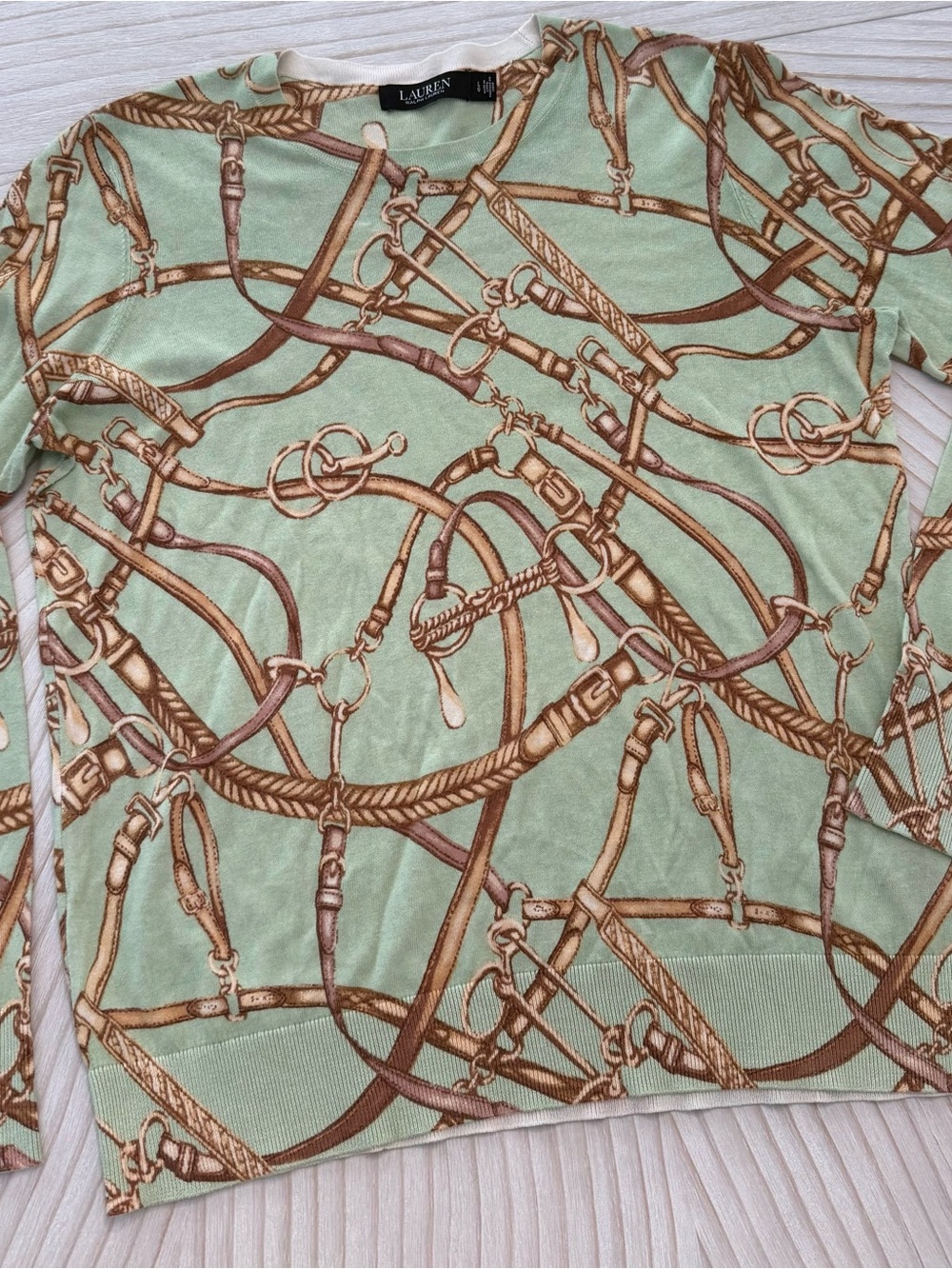Lauren Ralph Lauren Mint Green & Brown Chain Print Crew Neck Sweater